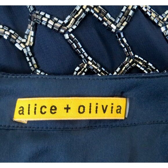 Alice & Olivia Beaded 100% Silk Cocktail Dress Navy Blue SZ 6 - Picture 10 of 11